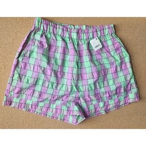 Free People Linus Lilac Lime Plaid‎ Shorts Elastic Waist Casual Size L NWT